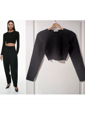 Aritzia Babaton | Sculpt Knit Crew Cropped Longsleeve In Black